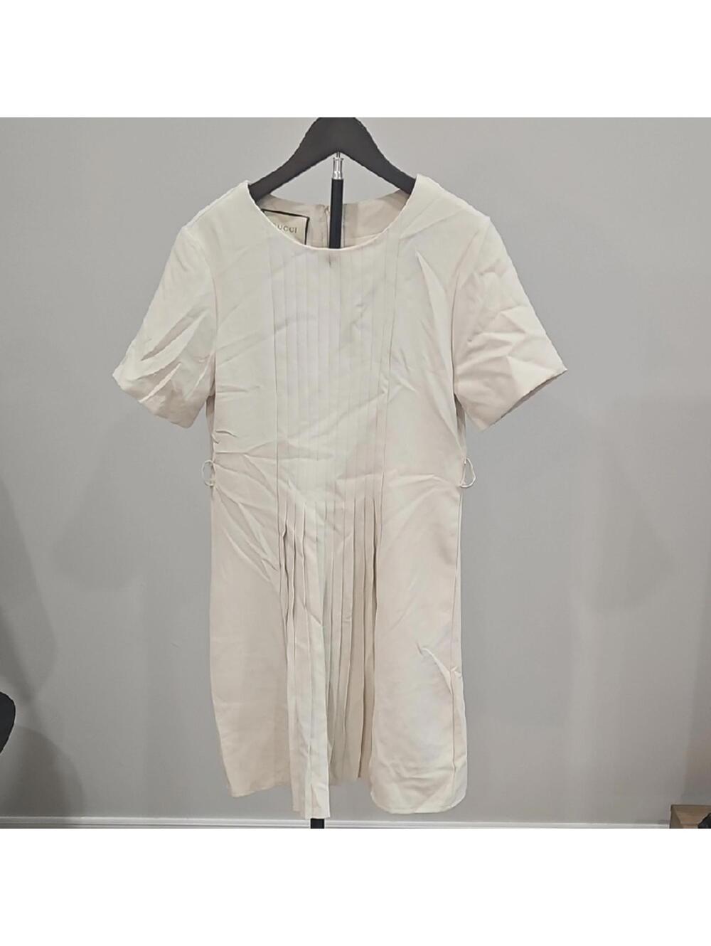 Gucci Cream Pleated Front Short Sleeve Mini Dress